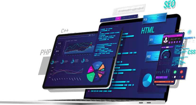 Isomorphic illustration of laptop, tablet and phone displaying various graphs and statistics in dark blue main color and vivid turquois, green, pink, purple and yellow details